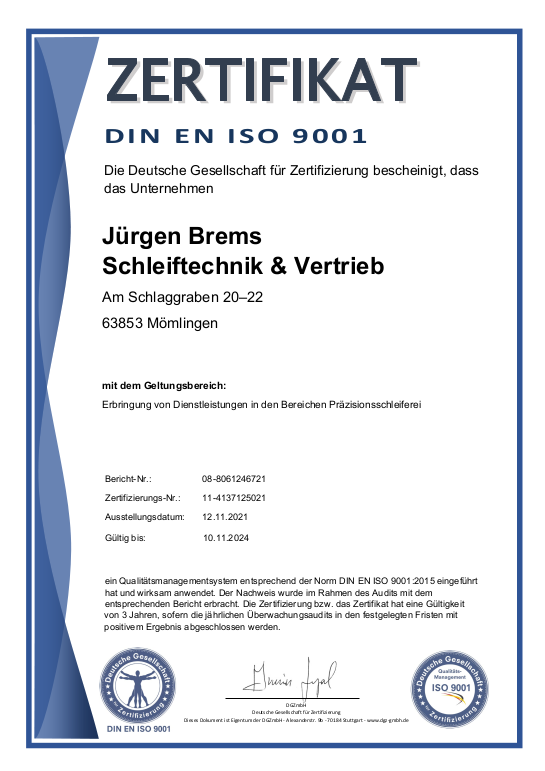 DIN EN ISO 9001 Zertifikat  Jrgen Brems  Schleiftechnik & Vertrieb