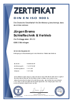 DIN EN ISO 9001 Zertifikat · Jürgen Brems · Schleiftechnik & Vertrieb